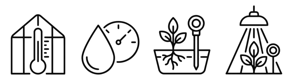 set of greenhouse and plant care monitoring icons including temperature, humidity, and lighting