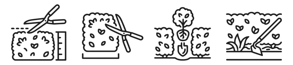 set of hedge trimming and garden maintenance icons featuring pruning, shaping, planting, and weeding, linear vector illustration