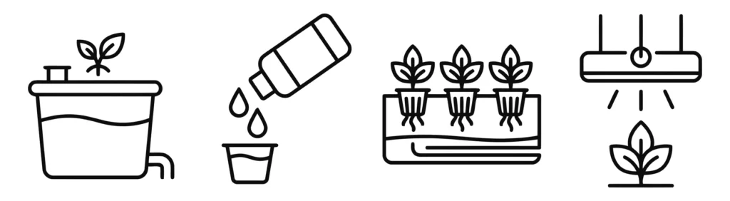 set of hydroponics and indoor gardening icons showing water system, nutrient dosing, plant growth, and grow lights