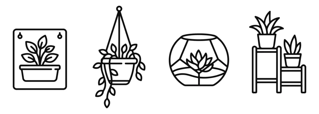 set of indoor plant icons including wall planter, hanging pot, terrarium, and plant stand