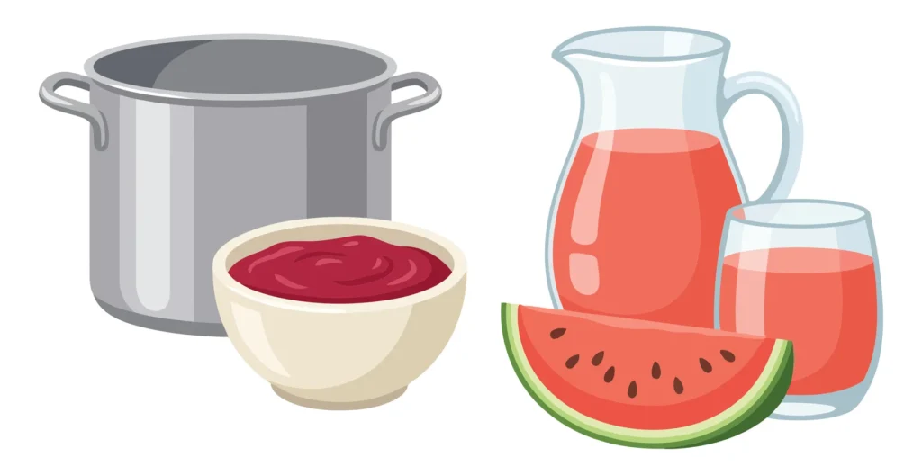 Set Of Kitchen Utensils And Food Items Including A Metal Pot, A Bowl Of Berry Jam, A Pitcher Of Watermelon Juice, A Glass Of Juice, And A Sl set of kitchen utensils and food items including a metal pot, a bowl of berry jam, a pitcher of watermelon juice, a glass of juice, and a sl