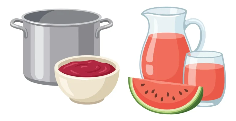 set of kitchen utensils and food items including a metal pot, a bowl of berry jam, a pitcher of watermelon juice, a glass of juice, and a sl