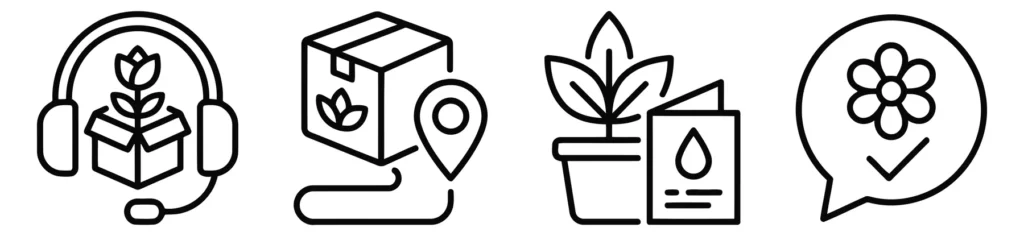 set of line icons for flower delivery and plant care services, including customer support, shipping tracking, plant care instructions, and q