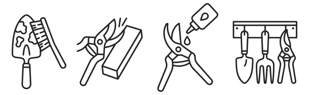 set of line icons for gardening tool maintenance, including cleaning a trowel, sharpening shears, oiling blades, and storing tools on a rack