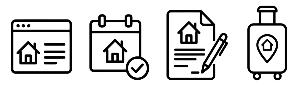 set of line icons for real estate booking and travel including website listing, calendar, contract signing, and travel luggage