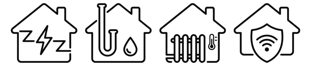 set of line icons for smart home utilities and services including electricity, plumbing, heating, and security
