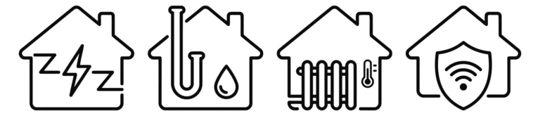 set of line icons for smart home utilities and services including electricity, plumbing, heating, and security
