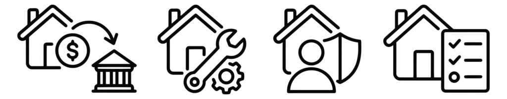 set of line icons representing real estate services including mortgage, home maintenance, property insurance, and inspection