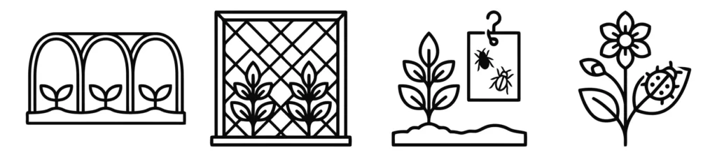 set of line vector icons representing gardening concepts like greenhouse, pest control, plant growth, and blooming flower
