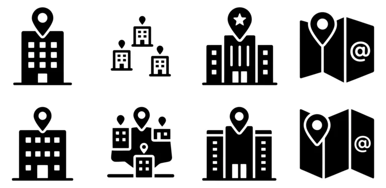 Black and White Location and Building Icons Set