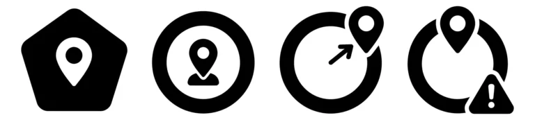 set of location and map pin icons in black, including pentagon shape, circle, navigation arrow, and warning sign