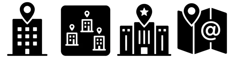 set of location and office building icons, including map pin, multiple locations, headquarters, and digital map address symbols, flat vector