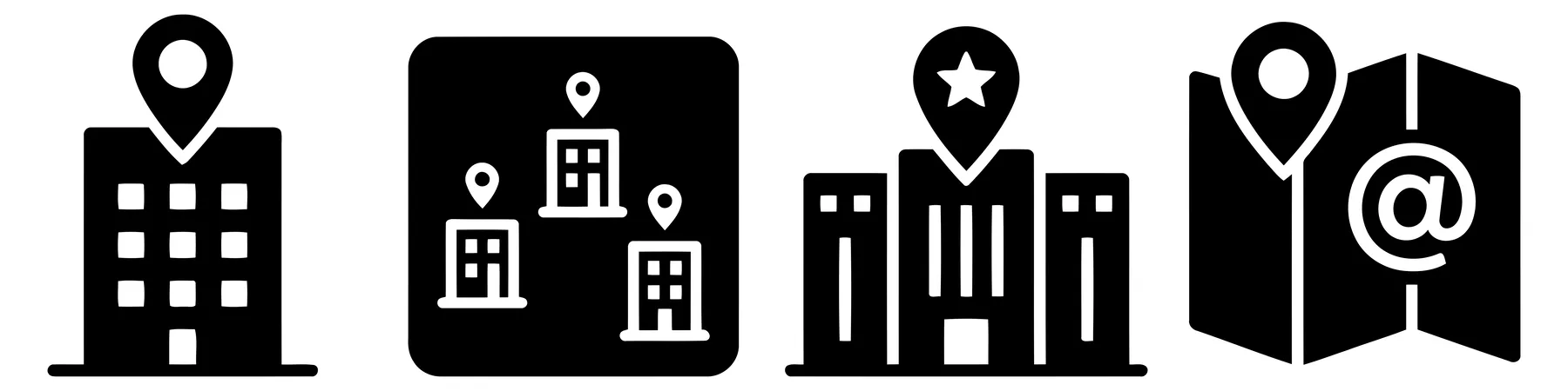 Flat Vector Icons of Office Buildings and Location Pins