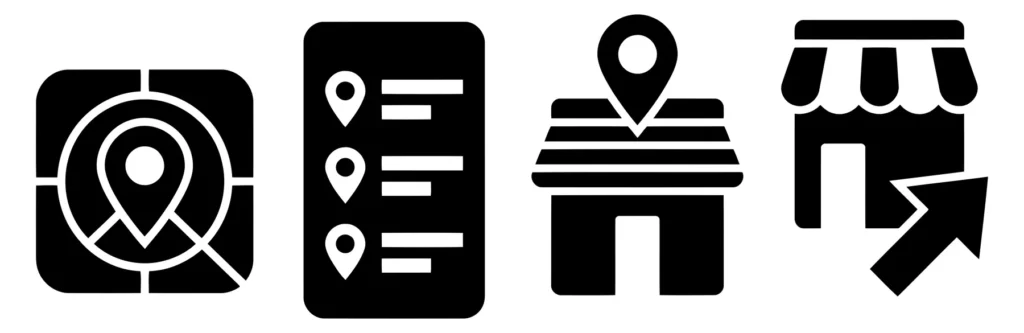 set of location and store icons including map pin, list of locations, store locator, and online shopping, flat vector style