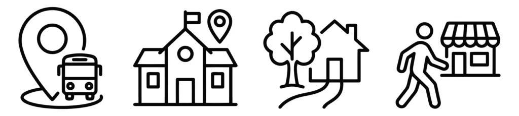 set of location, school, home, and shopping icons