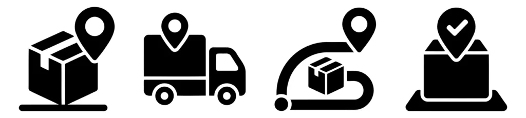 set of logistics and delivery icons featuring shipping boxes, delivery truck, tracking route, and package arrival