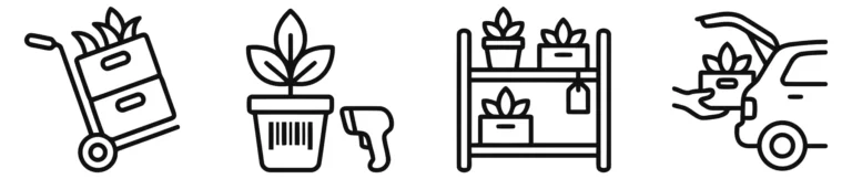 set of nursery logistics and plant inventory icons, including transport, scanning, storage, and delivery, linear style