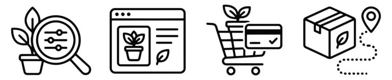 set of online plant shopping and ecommerce icons including search, product page, checkout, and delivery