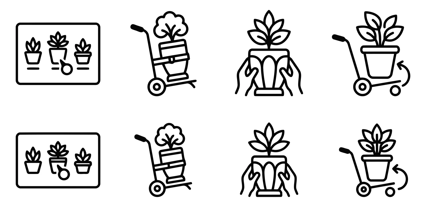 set of plant handling and logistics line icons including selection, transport, and potting