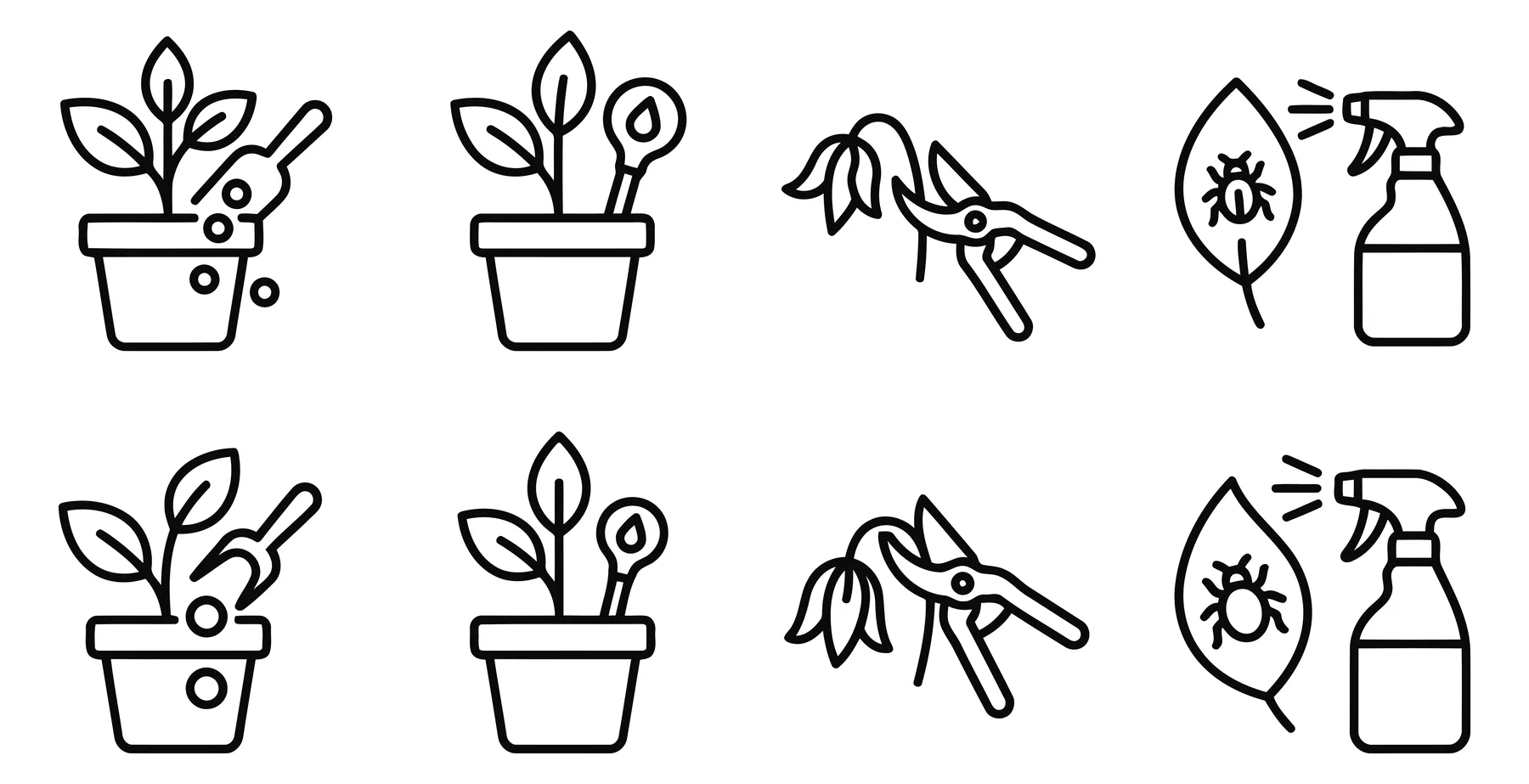 Potted Plant Care Icons Set in Linear Style