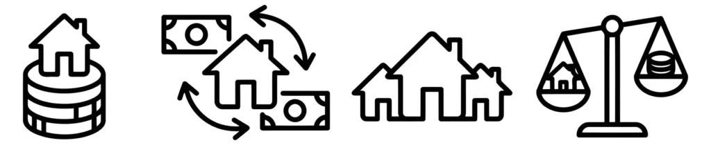 set of real estate and property finance line icons including investment, transaction, housing market, and valuation