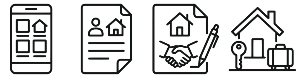 set of real estate icons including property search, contract signing, moving, home maintenance, and building amenities