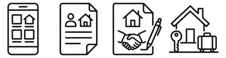 set of real estate icons including property search, contract signing, moving, home maintenance, and building amenities