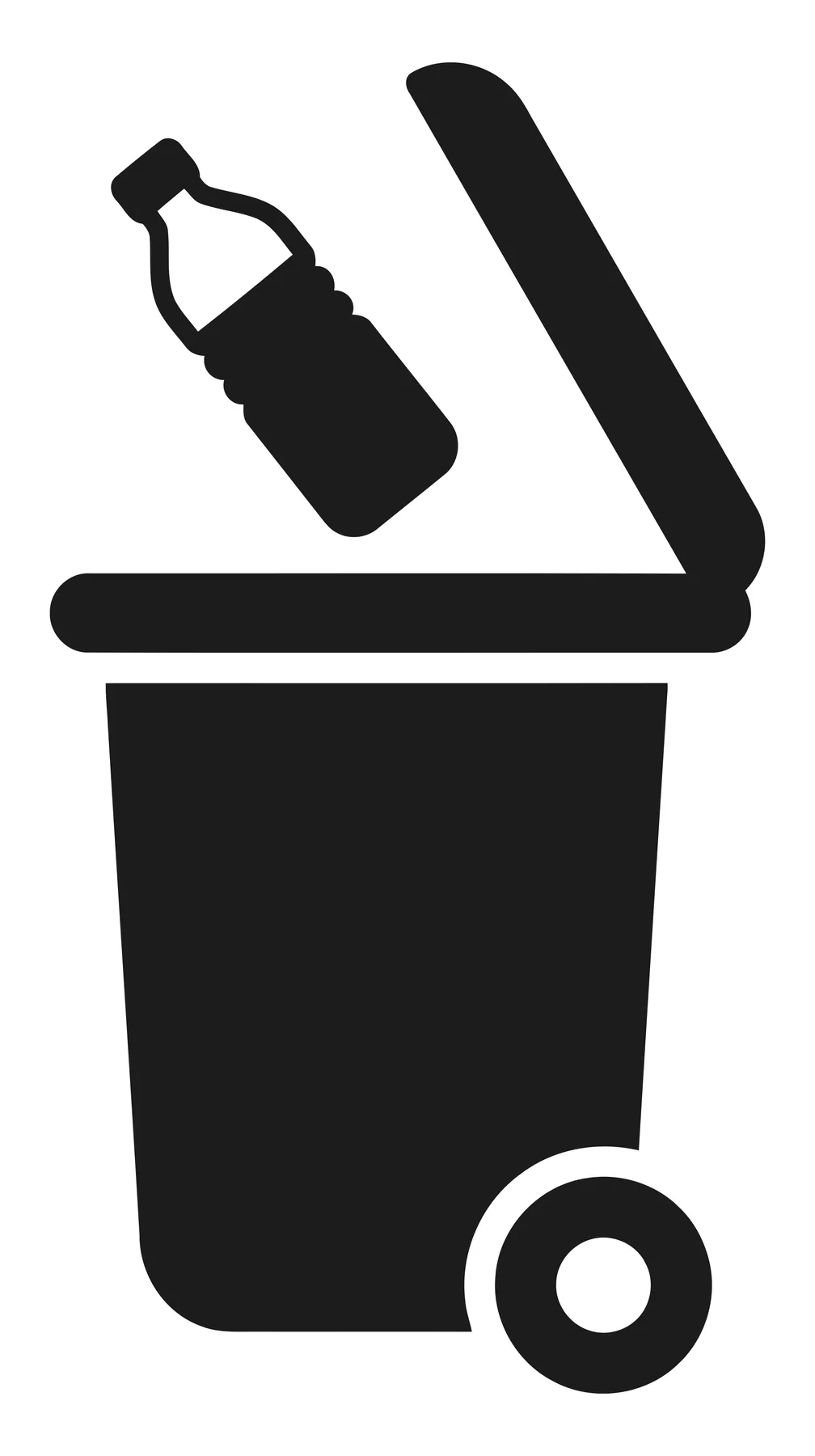 Black and white recycling bin icon with plastic bottle