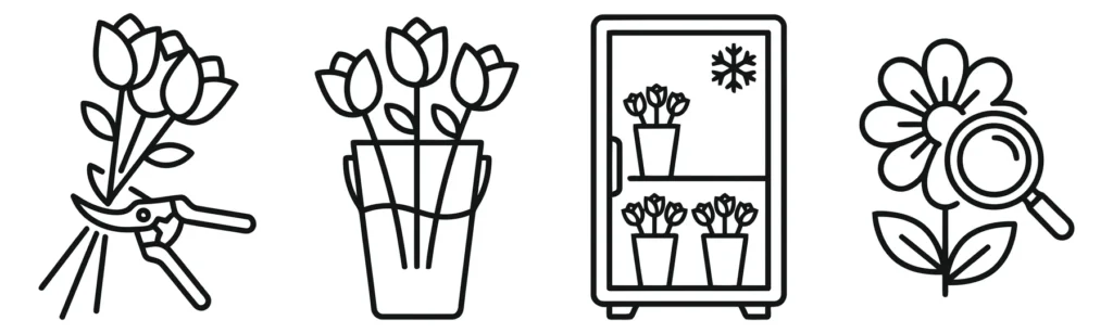 set of thin line icons for flower care, pruning, storage, and quality inspection