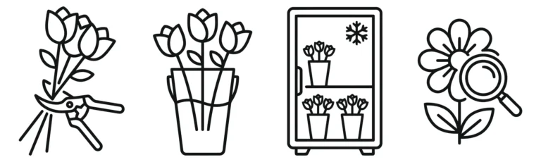set of thin line icons for flower care, pruning, storage, and quality inspection