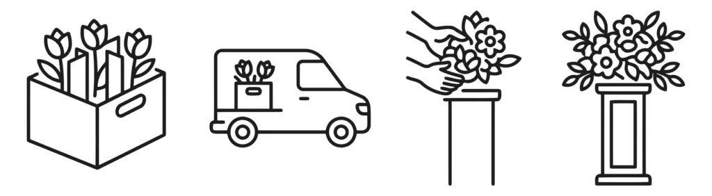 set of thin line icons for flower delivery, packaging, and floral arrangement services