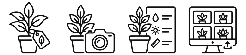 set of thin line icons for plant care, photography, monitoring, and online store management