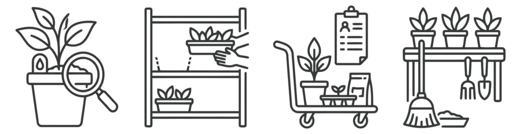 set of thin line icons for plant nursery and greenhouse operations including plant care, inspection, inventory, and maintenance