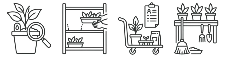 set of thin line icons for plant nursery and greenhouse operations including plant care, inspection, inventory, and maintenance