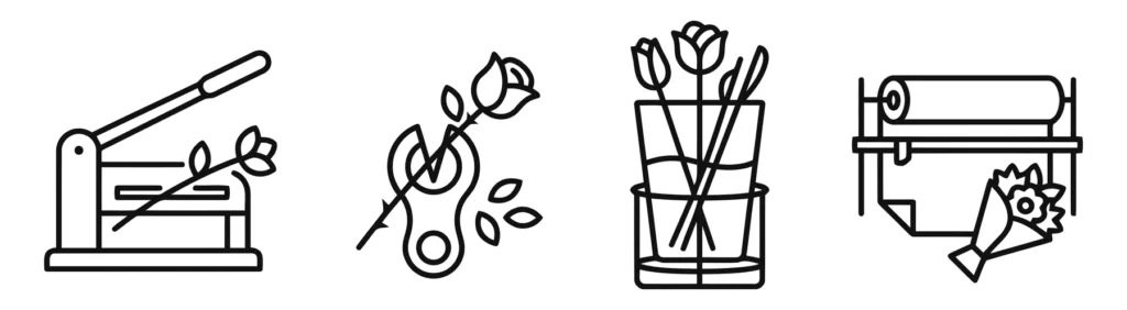 set of thin line icons representing florist and flower shop activities including cutting, arranging, and packaging flowers