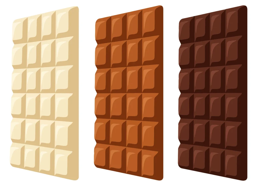 set of three chocolate bars in white, milk, and dark chocolate viewed from perspective isolated on white background