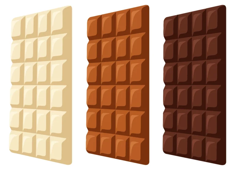 set of three chocolate bars in white, milk, and dark chocolate viewed from perspective isolated on white background