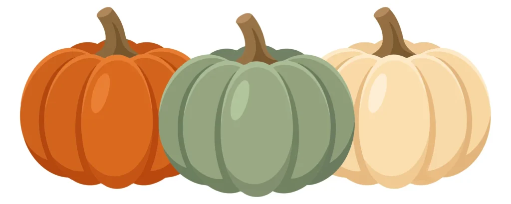 set of three decorative pumpkins in orange, sage green, and cream colors isolated on white background