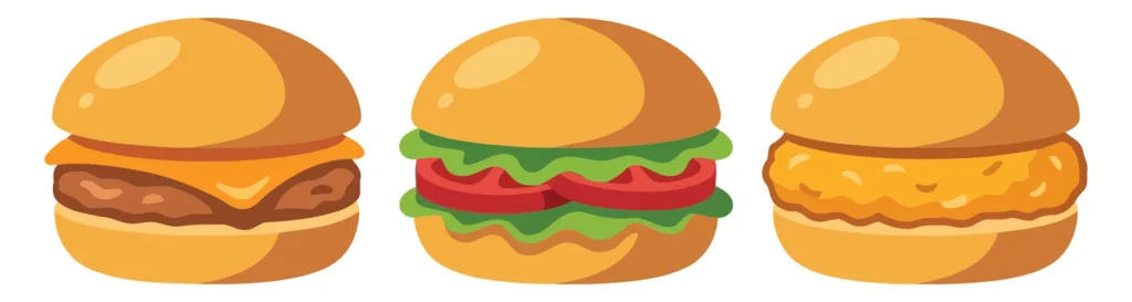 set of three delicious cartoon style burgers with different ingredients isolated on white background