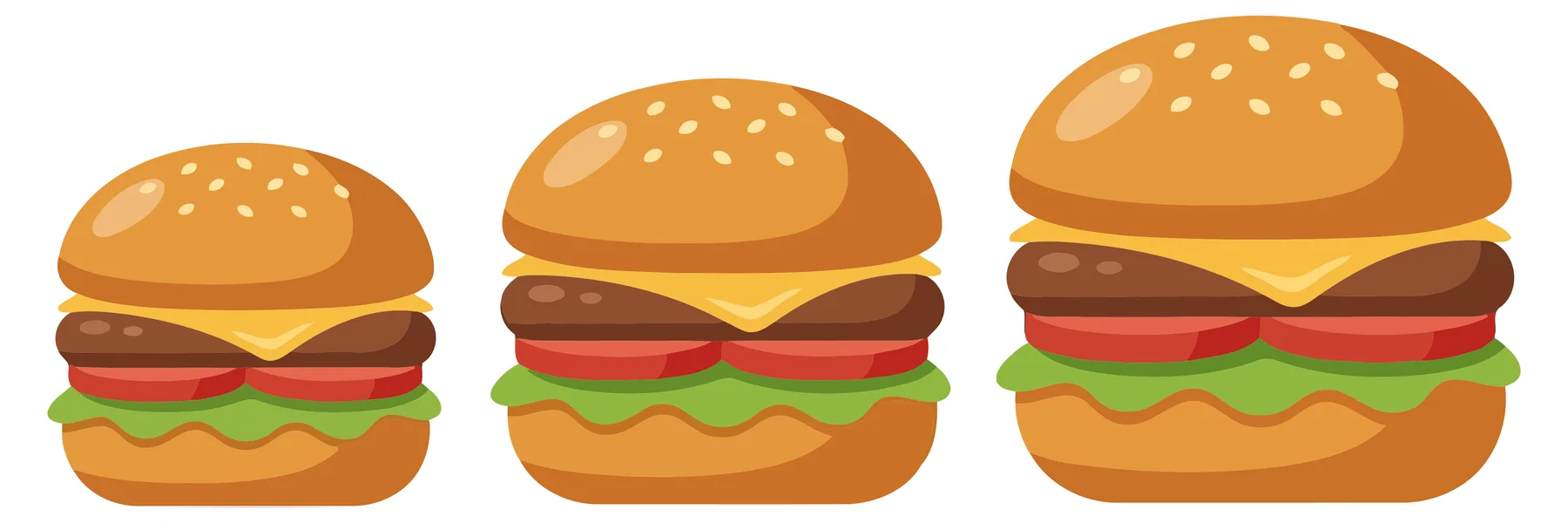 set of three delicious cheeseburgers of different sizes isolated on white background