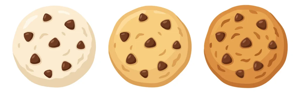 set of three delicious chocolate chip cookies in different shades of brown vector illustration
