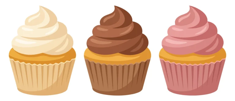 set of three delicious cupcakes with vanilla, chocolate, and strawberry frosting in paper liners, vector illustration isolated on white back