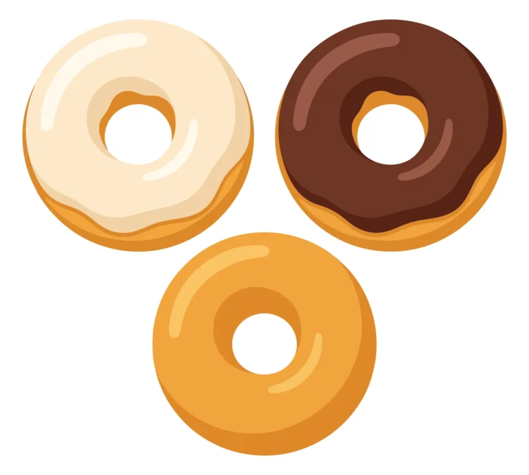 set of three delicious donuts with different toppings including chocolate glaze, vanilla icing, and plain glazed, isolated on white backgrou
