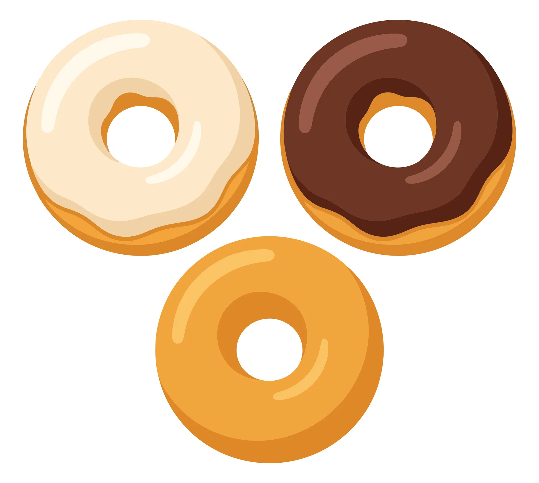 set of three delicious donuts with different toppings including chocolate glaze, vanilla icing, and plain glazed, isolated on white backgrou