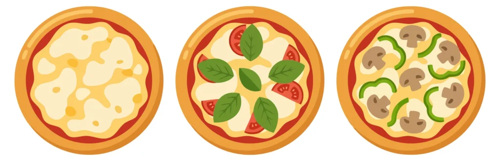 set of three delicious pizzas with different toppings including cheese, tomato, basil, mushrooms, and green peppers isolated on white backgr