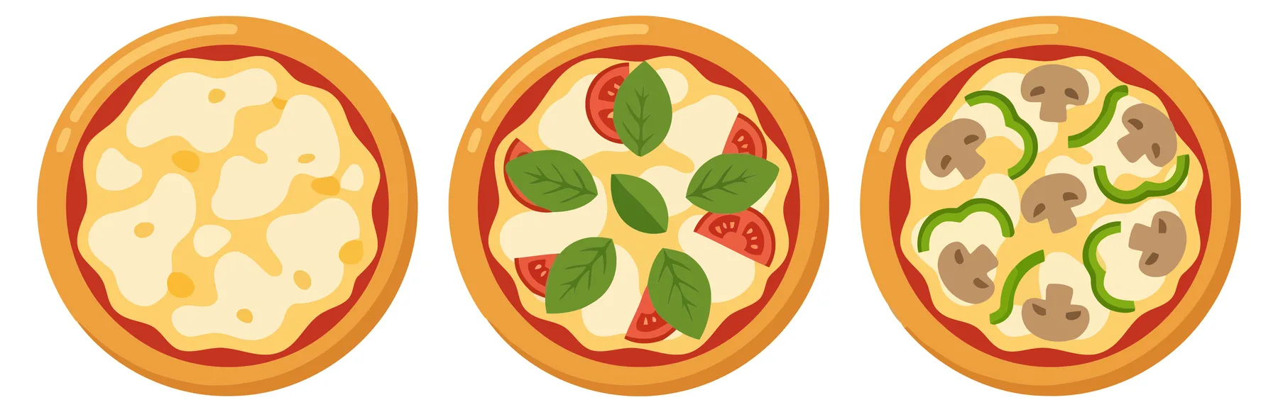 set of three delicious pizzas with different toppings including cheese, tomato, basil, mushrooms, and green peppers isolated on white backgr