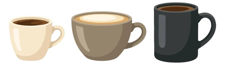 set of three different coffee cups with black coffee and latte, vector illustration of various mugs for cafe menu or coffee shop design elem