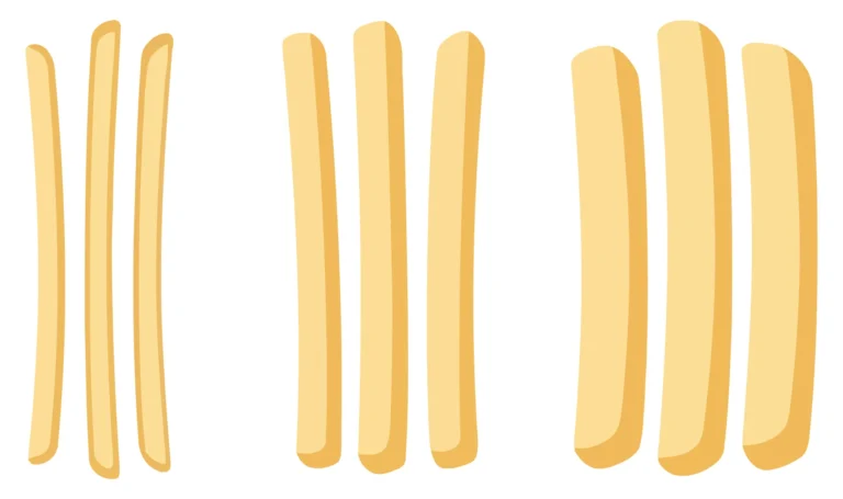 set of three different sizes of golden crispy french fries isolated on white background