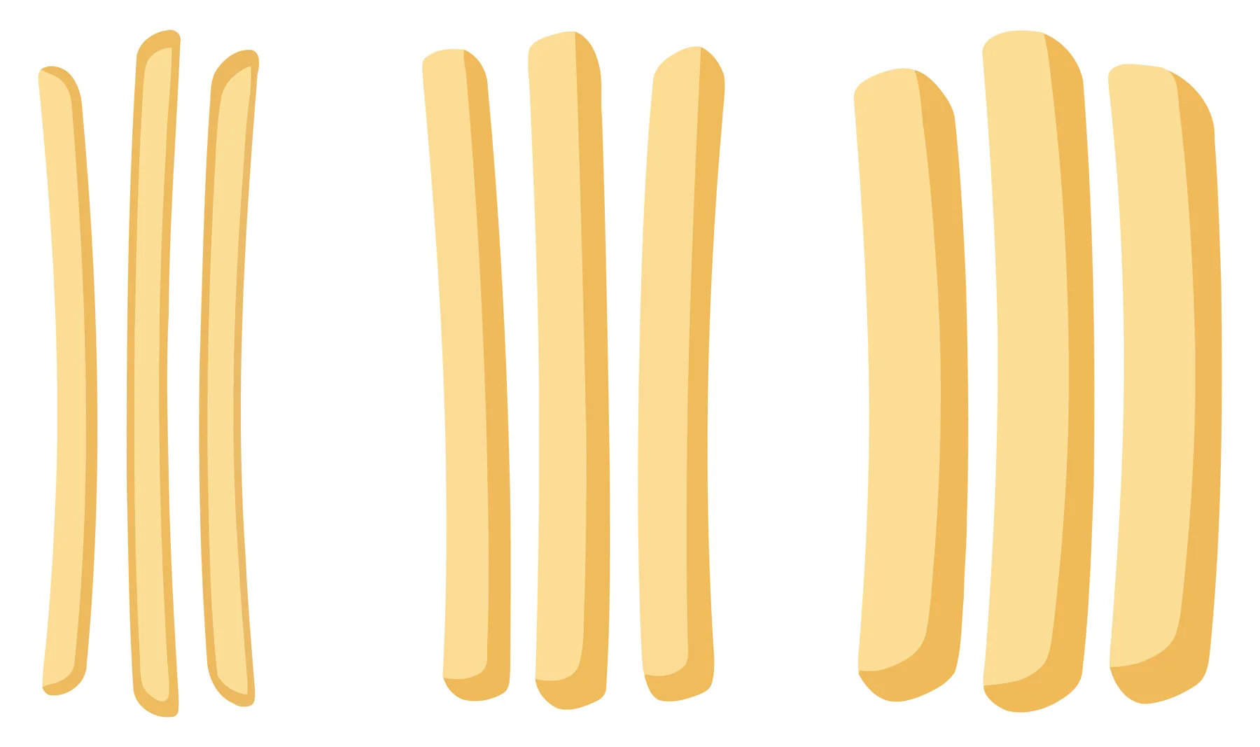 set of three different sizes of golden crispy french fries isolated on white background