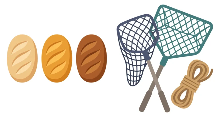 set of three different types of bread loaves, two fishing nets, and a coil of rope